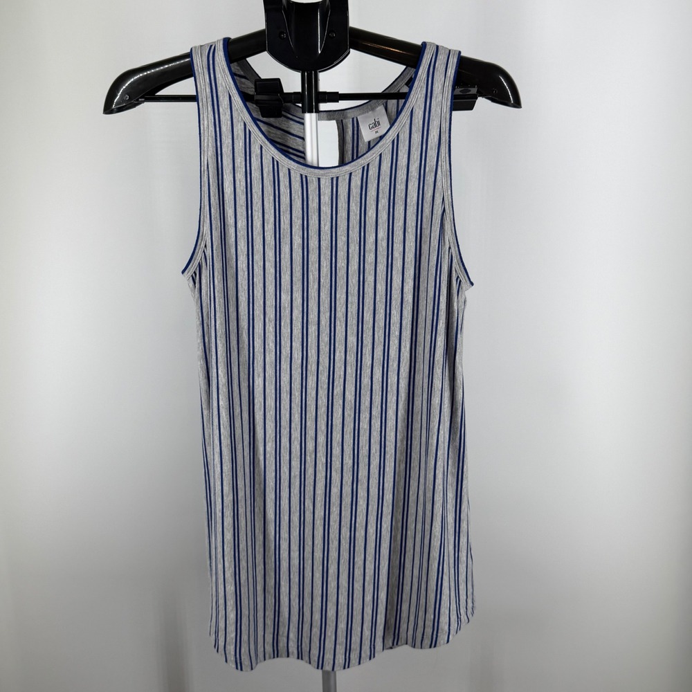 Cabi Womens Grey Blue Striped Keyhole Back Sleeveless Tank‎ Top Style Medium